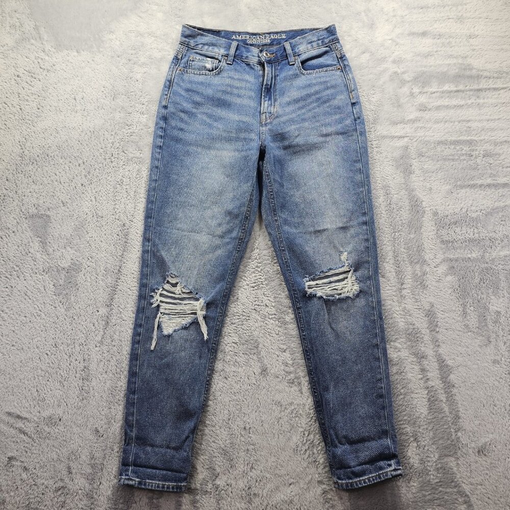 American Eagle Jeans Womens Size 0 Medium Wash Mom Jean Stretch Distressed